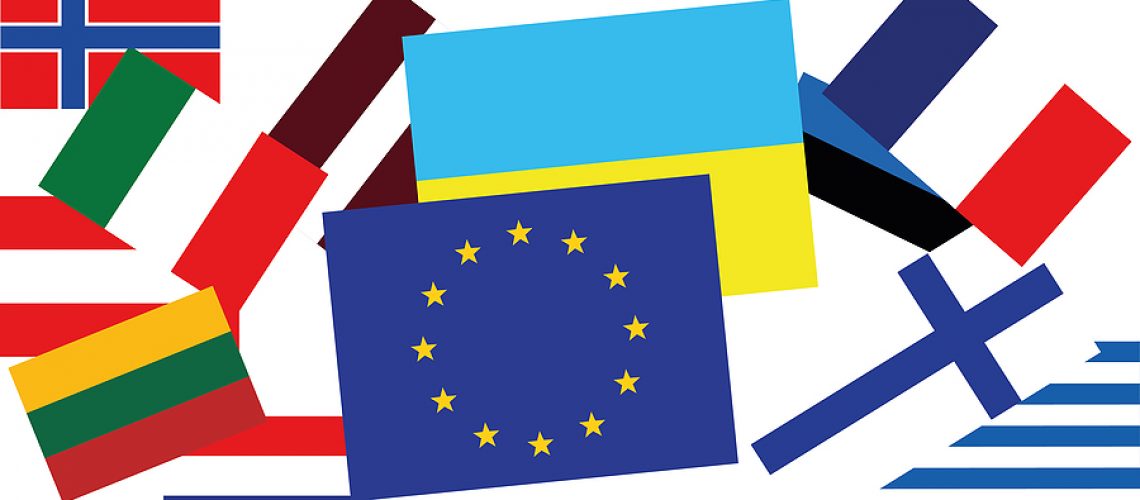 Flags of the European Union and Ukraine. The symbol of Ukraine. The symbol of the European Union. State flag. European integration. Countries of Europe. Global politics. Political agreement.
