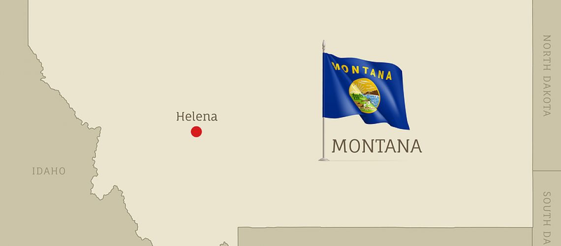 Map of Montana USA federal state with waving flag. Highly detailed editable map of Montana state with territory borders, neighboring states and Helena capital city vector illustration